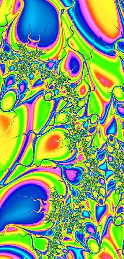 Vibrant psychedelic fractal art wallpaper with rainbow colors.