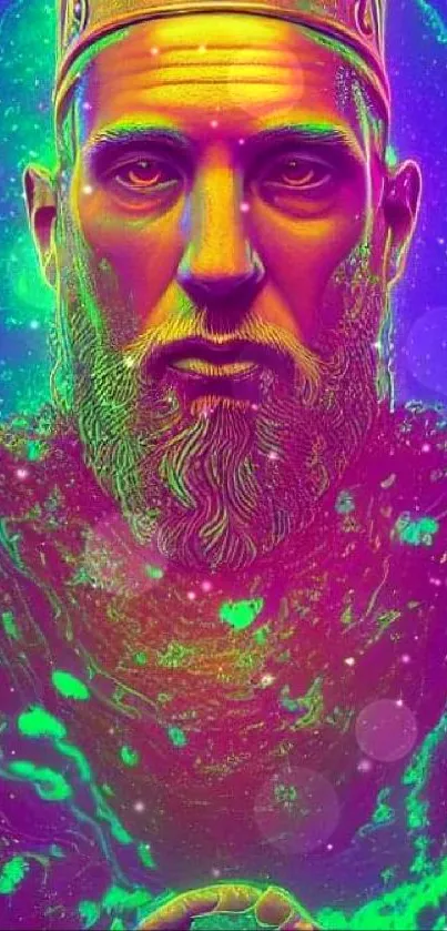 Psychedelic neon king art wallpaper with vibrant purple hues.