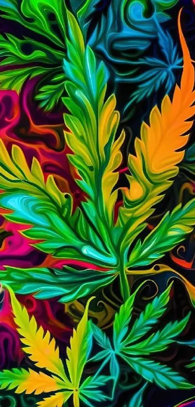 Vibrant psychedelic leaf art with colorful abstract design.