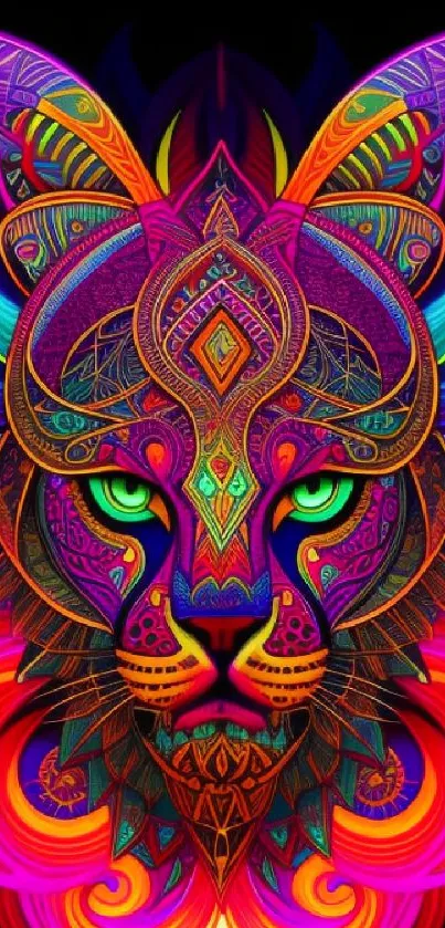 Psychedelic leopard with vibrant neon colors and intricate patterns.