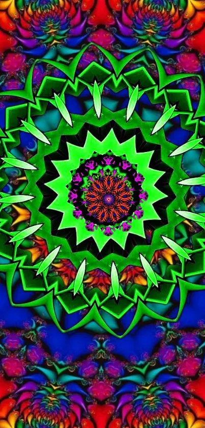 Vibrant green mandala with psychedelic colors and fractal patterns.