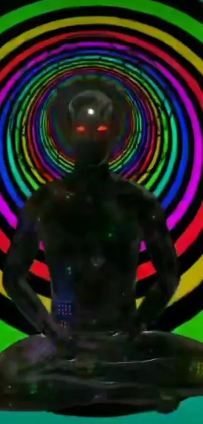 Futuristic figure with glowing eyes in psychedelic art.