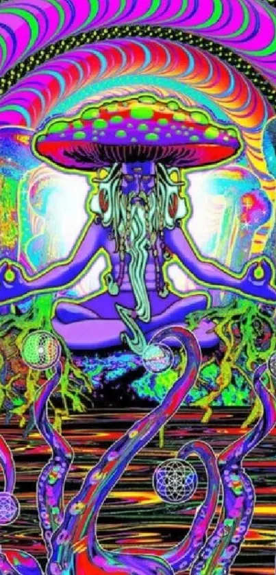 Psychedelic meditation artwork with vibrant colors and mystical elements.
