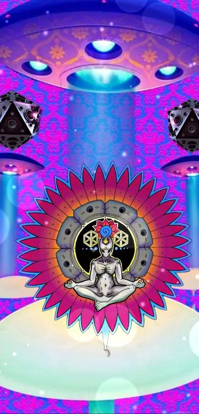 Psychedelic meditation art with purple hues and celestial themes.