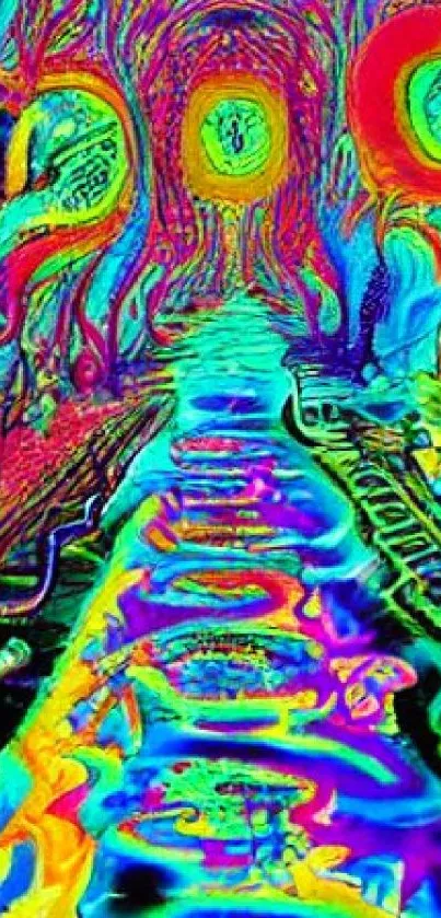 Psychedelic mobile wallpaper with vibrant, colorful, surreal design featuring abstract art.