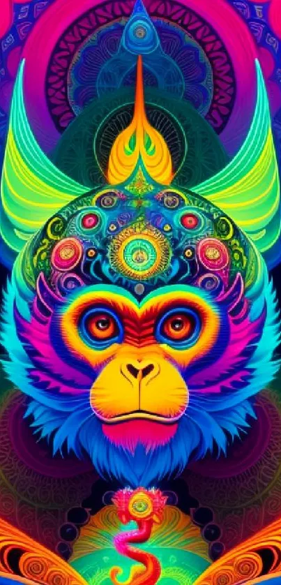 Vibrant psychedelic design featuring a neon monkey with intricate patterns.