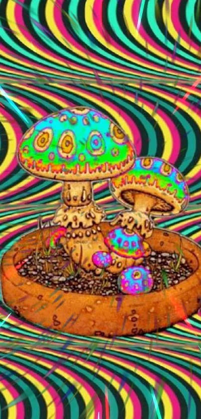 Psychedelic mushroom art wallpaper with colorful swirls.