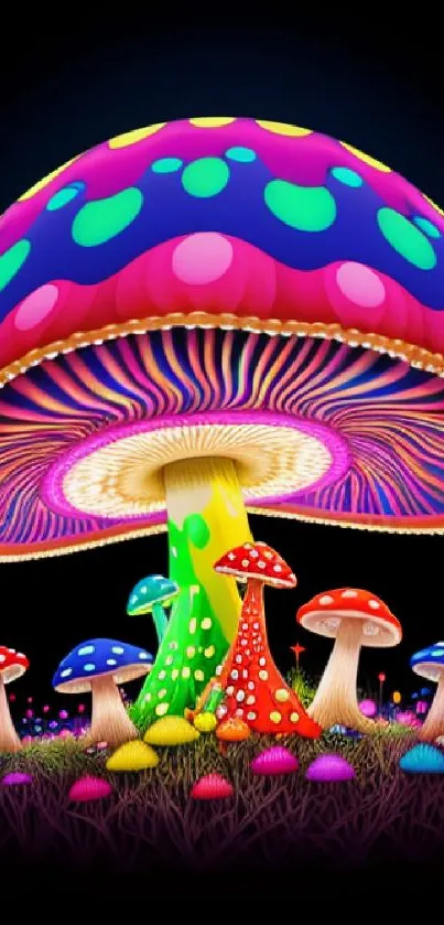 Vibrant psychedelic mushroom art with neon colors on a black background.