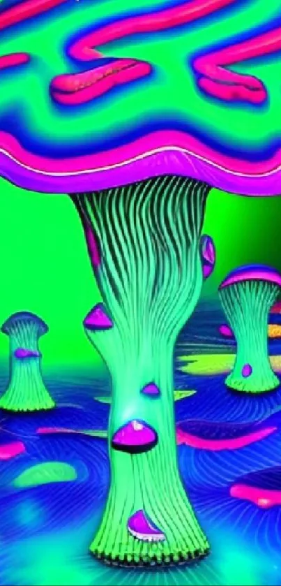 Neon green psychedelic mushroom wallpaper with vibrant abstract design.