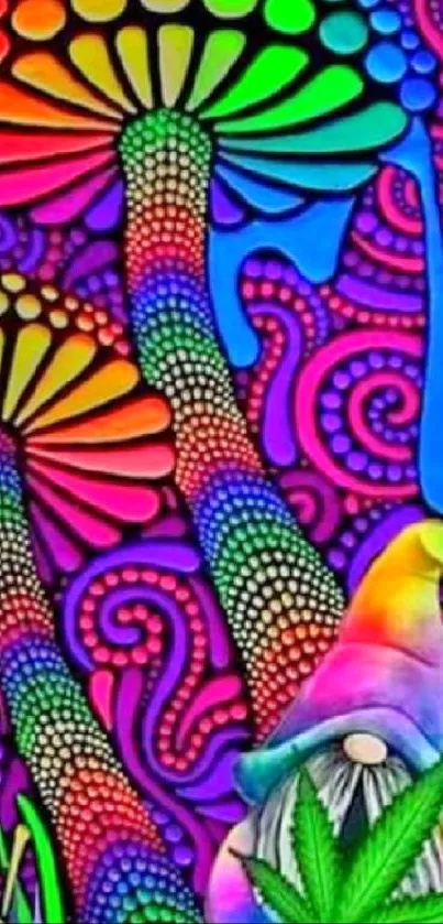 Vibrant psychedelic art with rainbow mushrooms and a whimsical gnome.