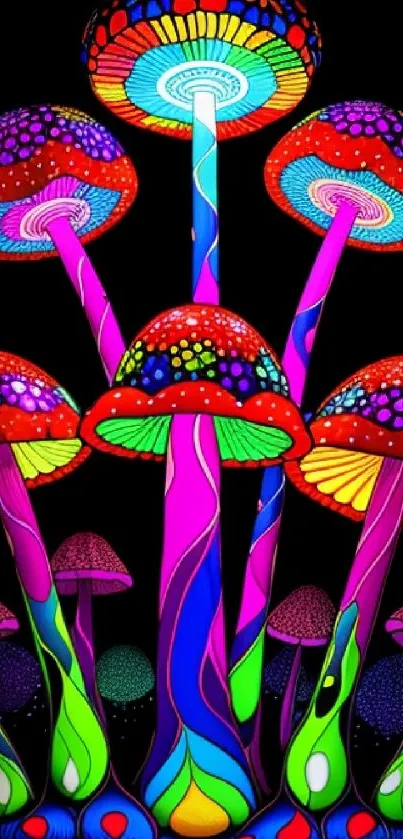 Vibrant psychedelic mushrooms with neon colors on a black background.