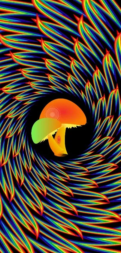 Vibrant psychedelic mushroom art with colorful abstract patterns and black background.