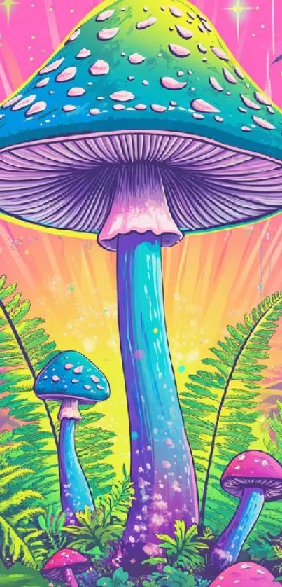 Vivid psychedelic mushroom artwork featuring vibrant colors and abstract design.