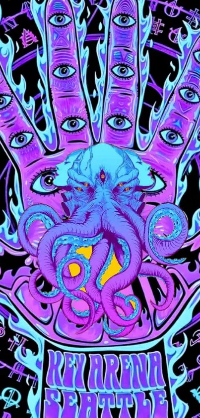 Purple and blue psychedelic octopus art with mystical elements.