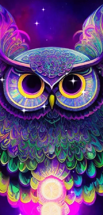 Psychedelic owl with vibrant colors on a magical, colorful background.