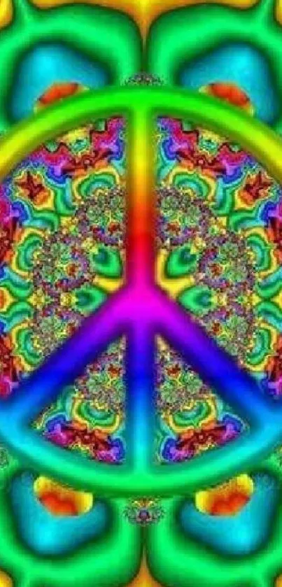 Colorful psychedelic peace sign wallpaper in vibrant hues.