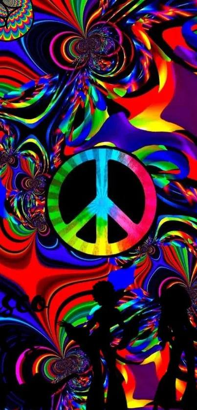 Vibrant psychedelic wallpaper with peace symbol for mobile.