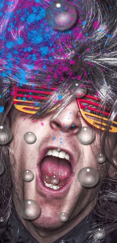 Psychedelic face with vibrant colors and glossy textures wallpaper.