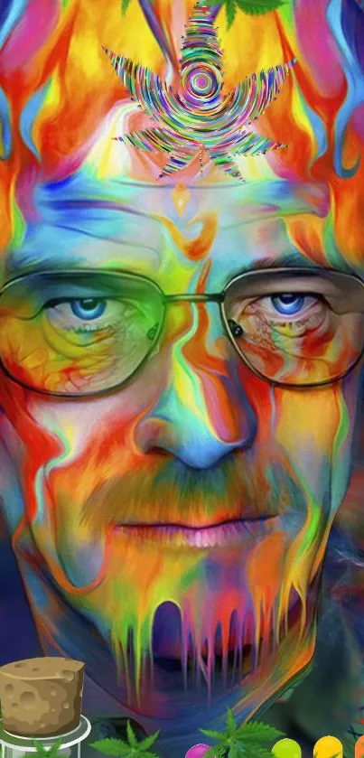 Psychedelic colorful portrait with vibrant colors and abstract design.