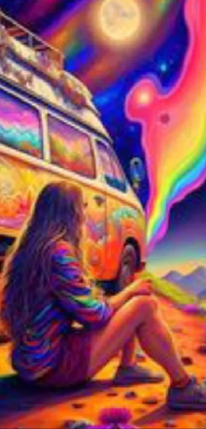 Psychedelic road trip with colorful bus and vibrant night sky.