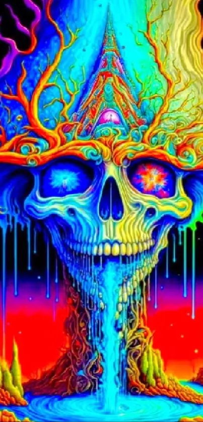 Psychedelic skull with vibrant neon colors and surreal design.