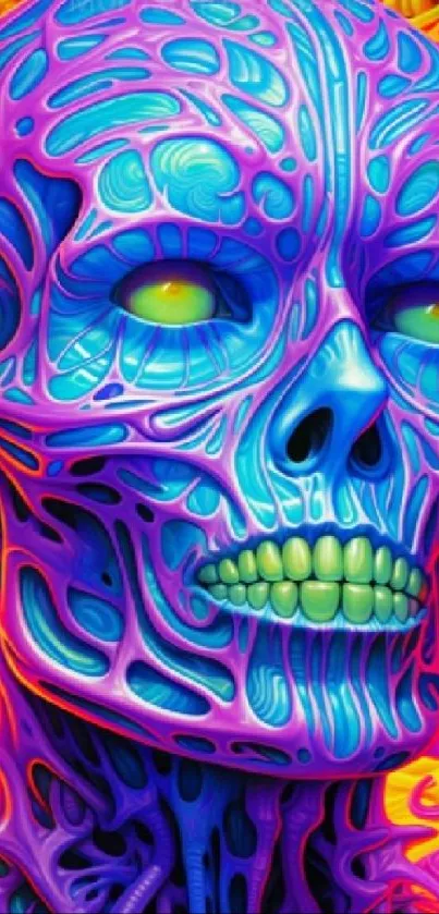 Vibrant psychedelic skull design with bold colors and intricate details.