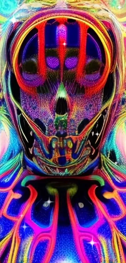 Vibrant psychedelic skull art with neon colors.