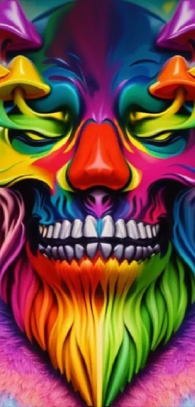 Vibrant psychedelic skull with rainbow colors and surreal design.