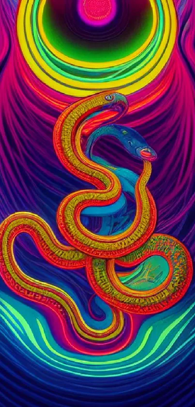 A vibrant psychedelic snake design with neon colors on a dark purple background.