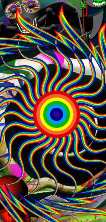 Colorful psychedelic wallpaper with a rainbow spiral design.