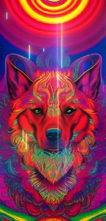 Vibrant psychedelic wolf with neon colors and intricate patterns, perfect for mobile.