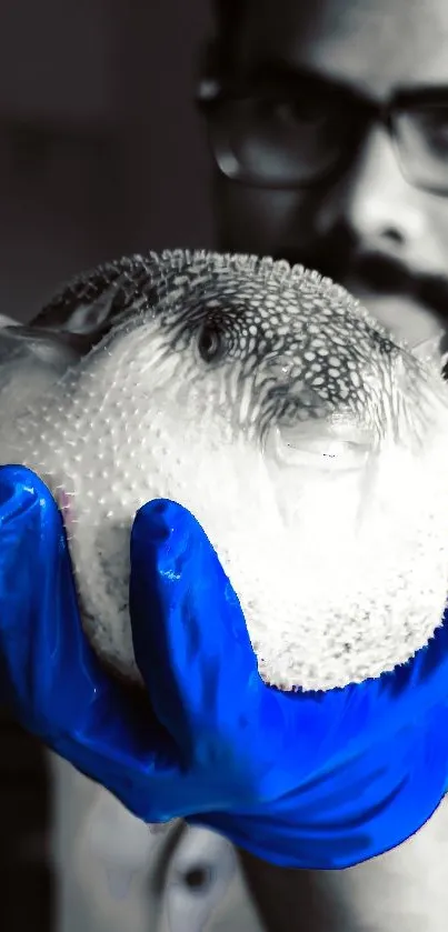 Close-up of pufferfish held in a blue glove with blurred background.