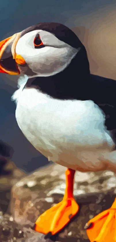 Vibrant puffin on a clifftop in nature.