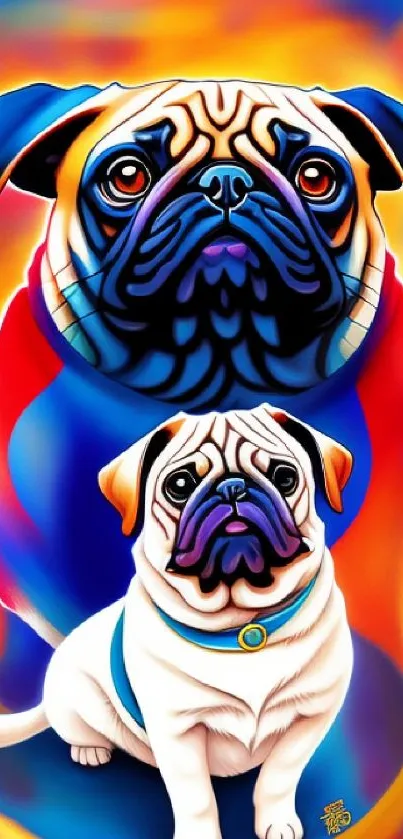 Colorful artwork featuring two stylized pugs against a vibrant background.