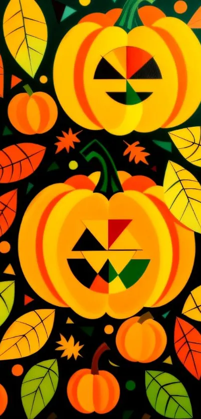 Vibrant geometric pumpkin wallpaper with autumn leaves.