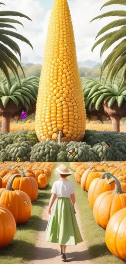 A vibrant wallpaper featuring a pumpkin field and giant corn tower.
