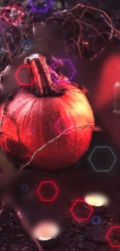 Glowing pumpkin with colorful hexagon lights in a dark autumn setting.