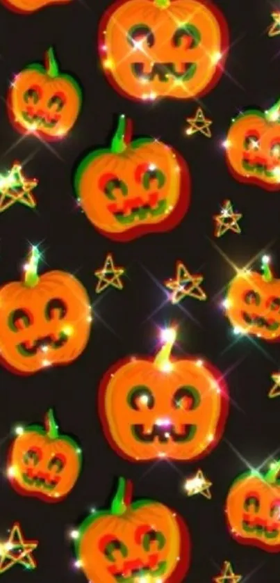 Halloween wallpaper with glowing pumpkins and stars.