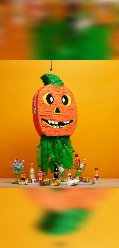 Playful pumpkin party decoration with vibrant background.