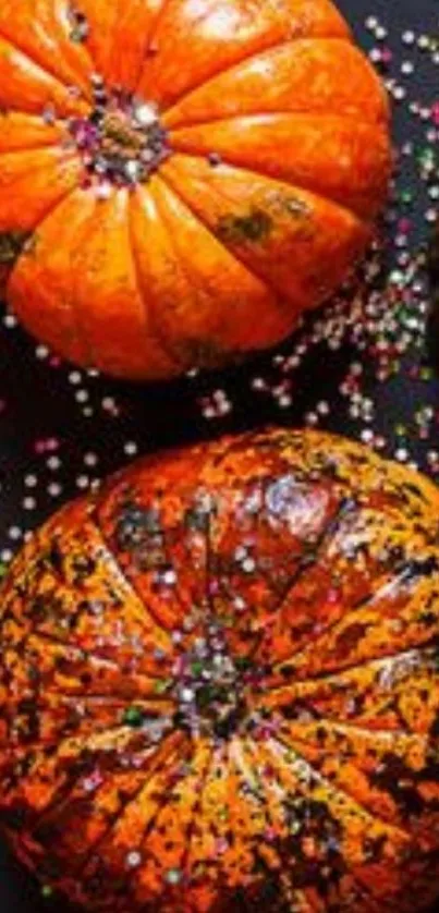 Mobile wallpaper with vibrant pumpkins and confetti.