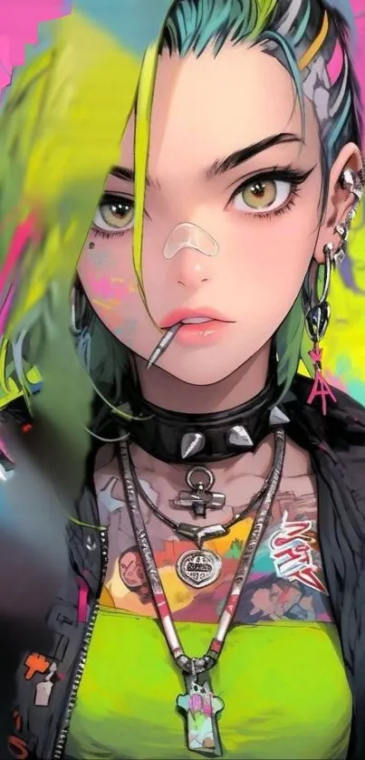 Vibrant anime punk girl with green hair and colorful tattoos.