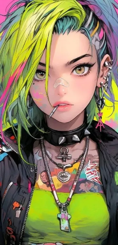 Vibrant punk art wallpaper with colorful hair and bold accessories.