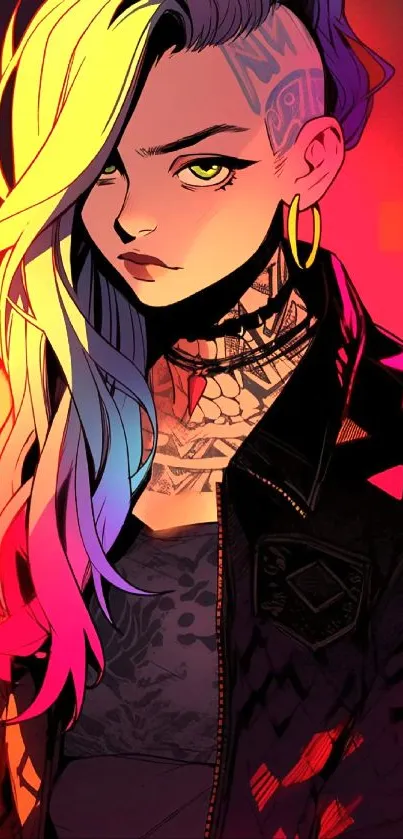 Vibrant punk art wallpaper with a dynamic character design in bold colors.