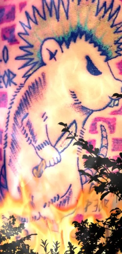 Punk-inspired rat with mohawk in flames against graffiti backdrop.