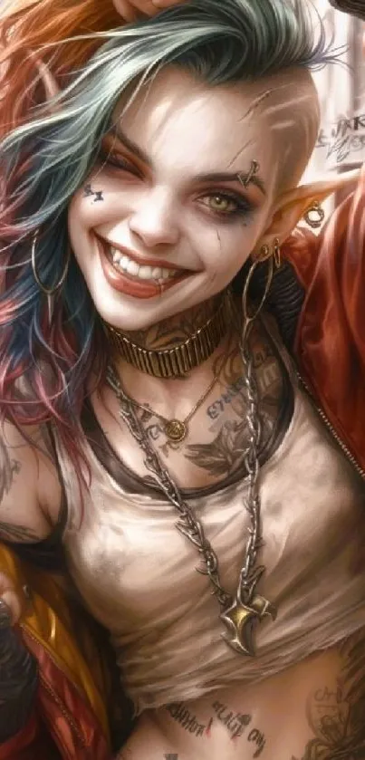 Vibrantly detailed punk-inspired wallpaper with tattoos and colorful hair.