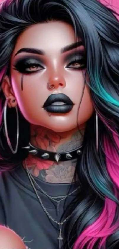 Colorful punk art mobile wallpaper with bold makeup and vibrant hair.