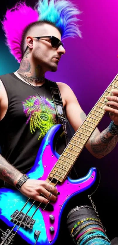 Colorful punk musician with bass guitar and vibrant mohawk.