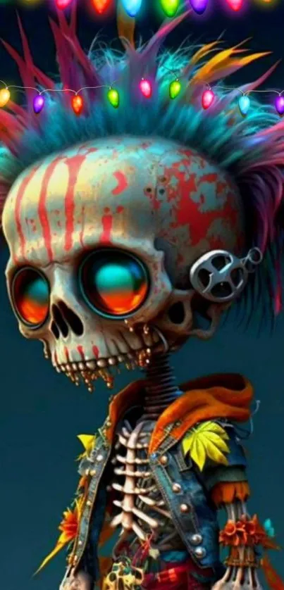 Funky punk skull with neon colors and mohawk in vibrant mobile wallpaper.