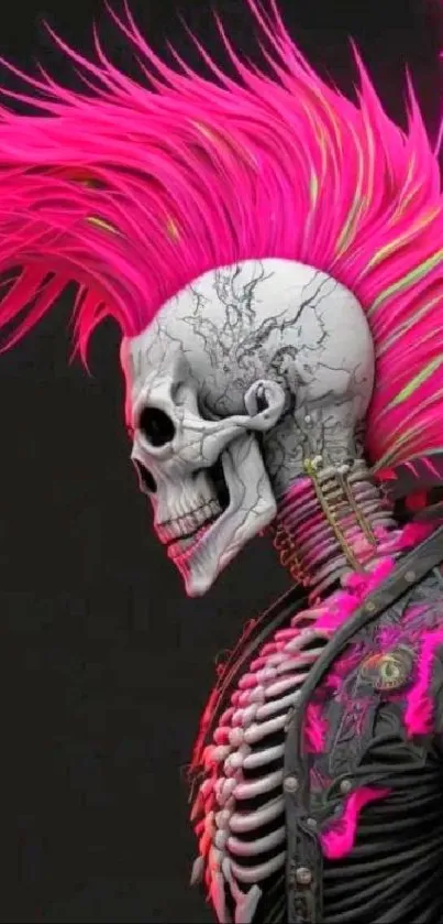 Punk skull with bright pink mohawk and jacket. Edgy and vibrant wallpaper.