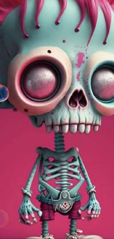 Cartoon punk skull with pink hair on pink background.